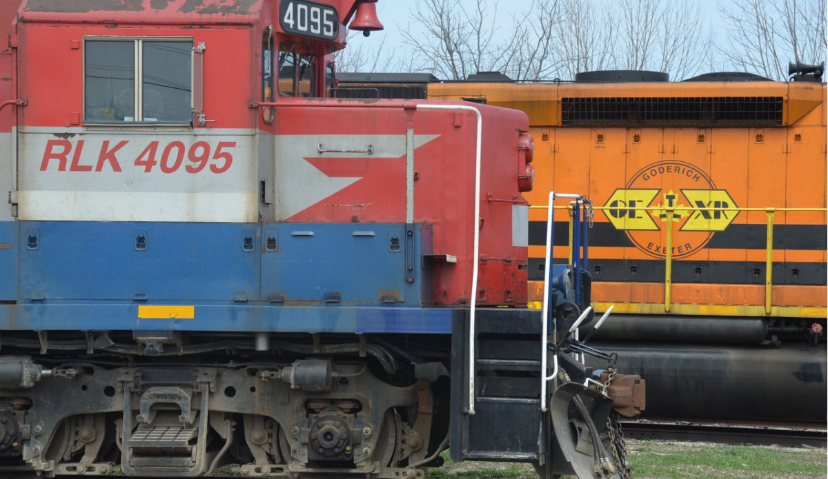 Rail America 4095 and GERX 3393 locomotives at Goderich station in Ontario, Canada.