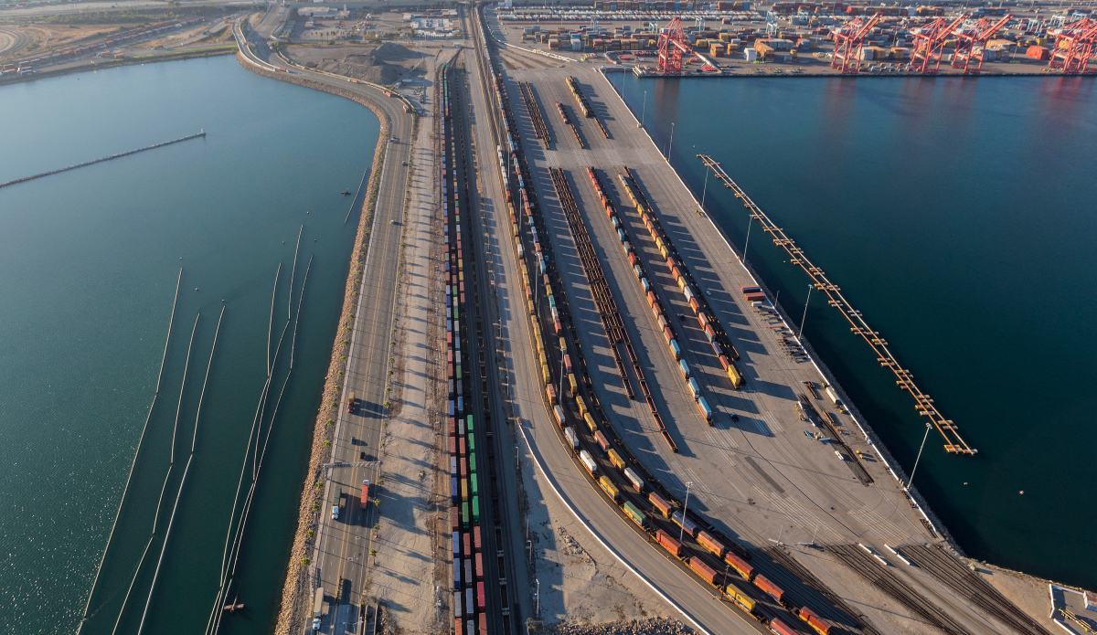 Aerial view of cargo trains lined up at the Ports of Long Beach and Los Angeles.
