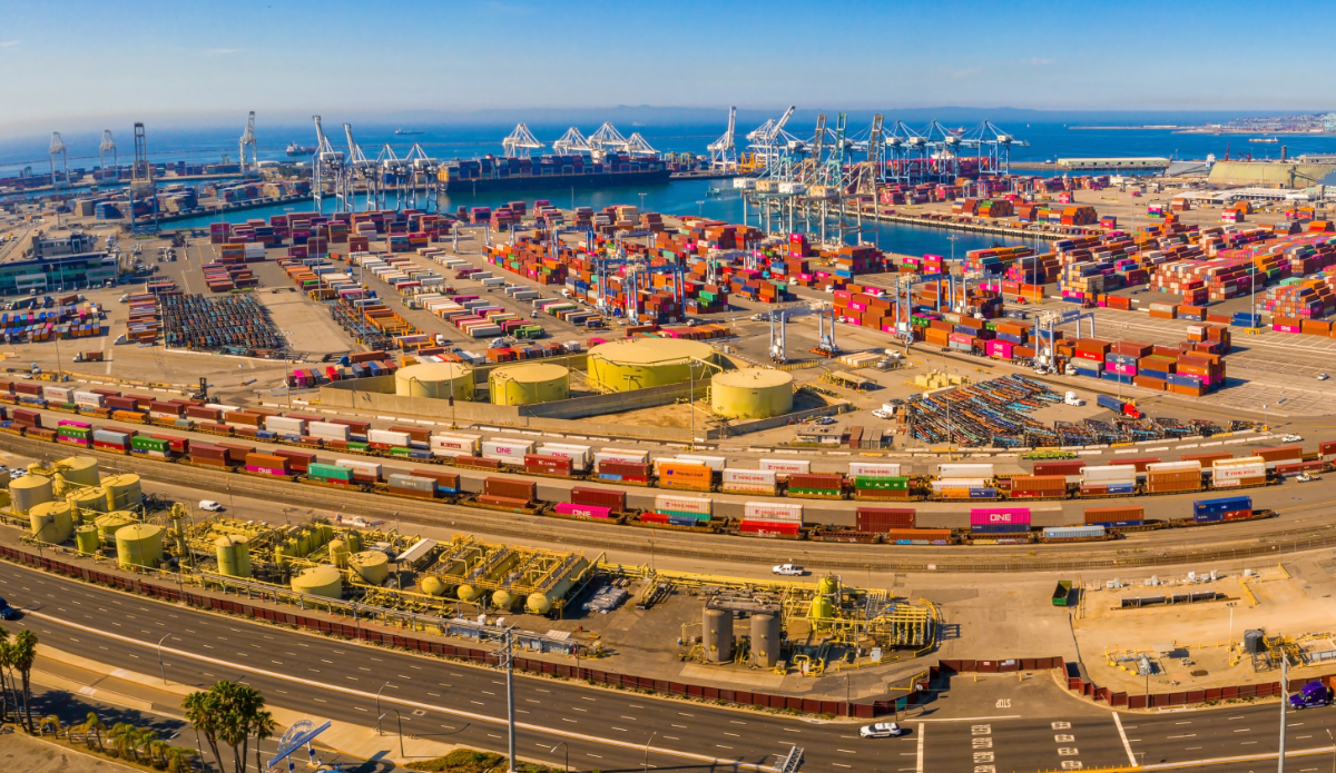 Aerial view of harbour cargo containers in Southern California port near the Long Beach district. LA.