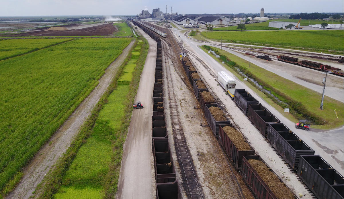 Aerial view of cargo trains lined up at the Ports of Long Beach and Los Angeles.