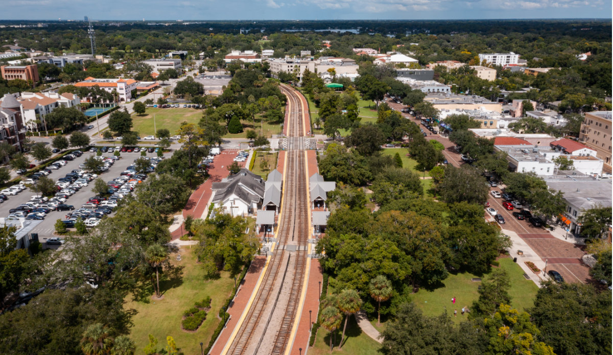 Aerial view of CFRC-SunRail railroad tracks at Winter Park Station in Winter Park Florida.